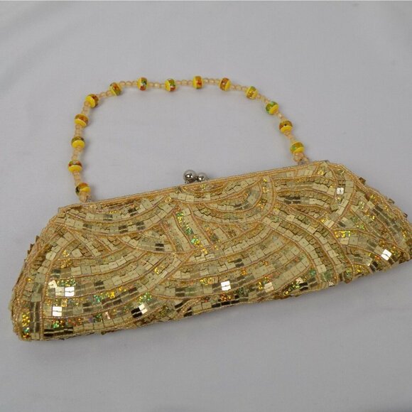 Unbranded Handbags - Gold Colored Sequin Clutch Purse Bag Beaded Handle Kissing Clasp Lined Strap